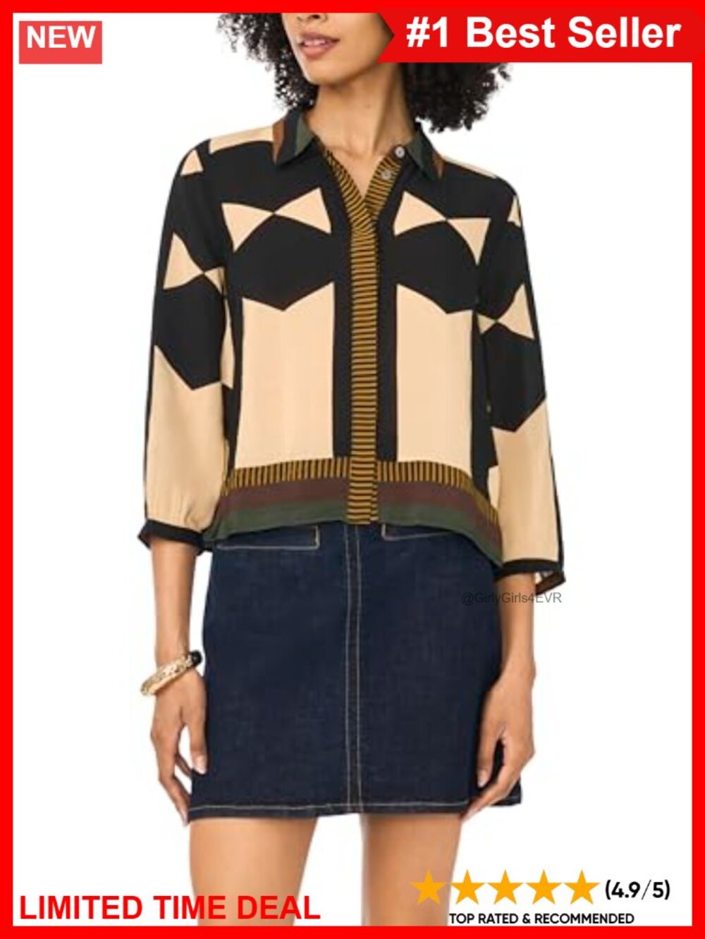 Women's Printed Button Down 3/4 Sleeve Collared Blouse